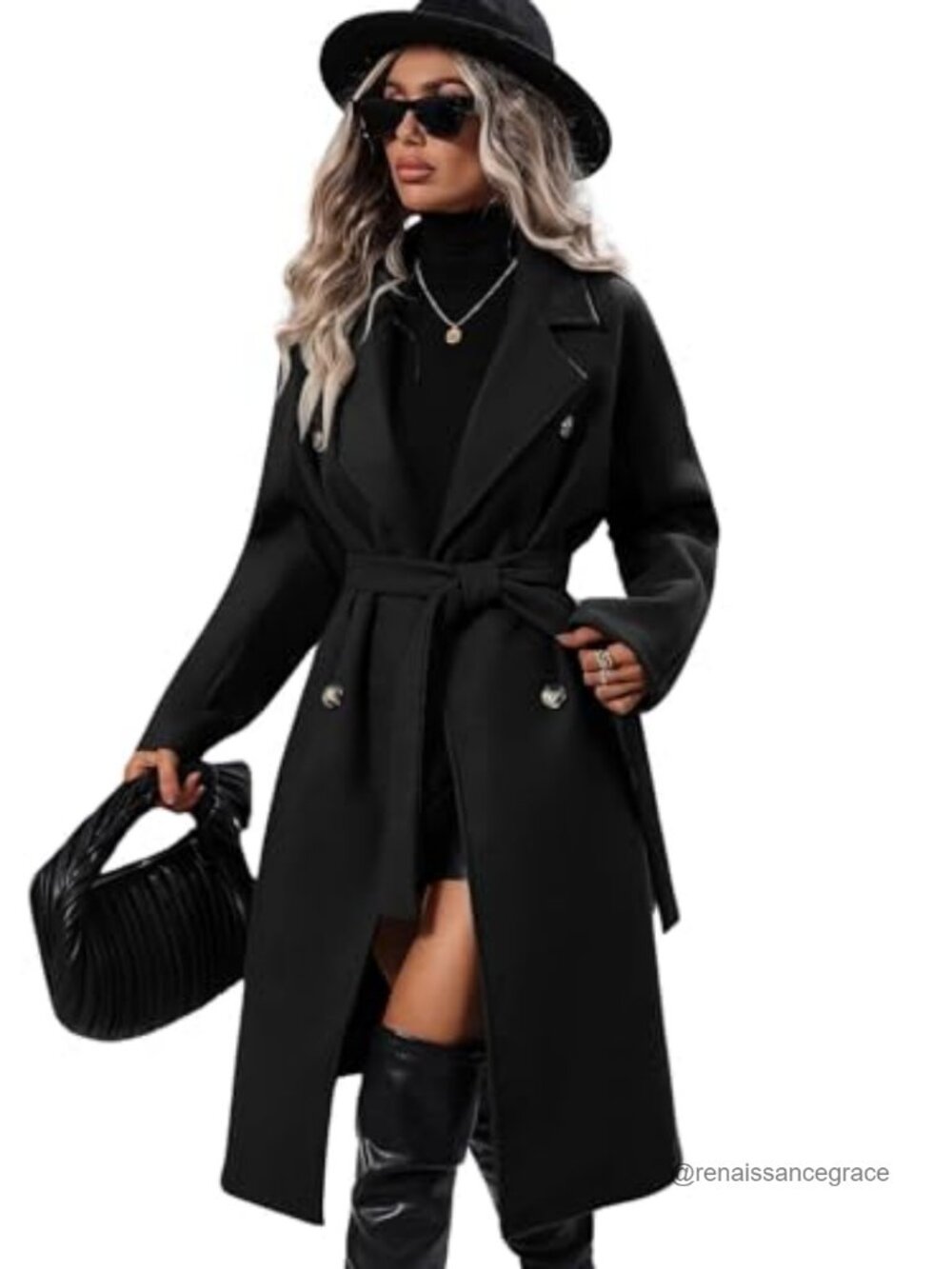 Wool Blend Long Pea Coat Notched Lapel Double Breasted Belted Winter